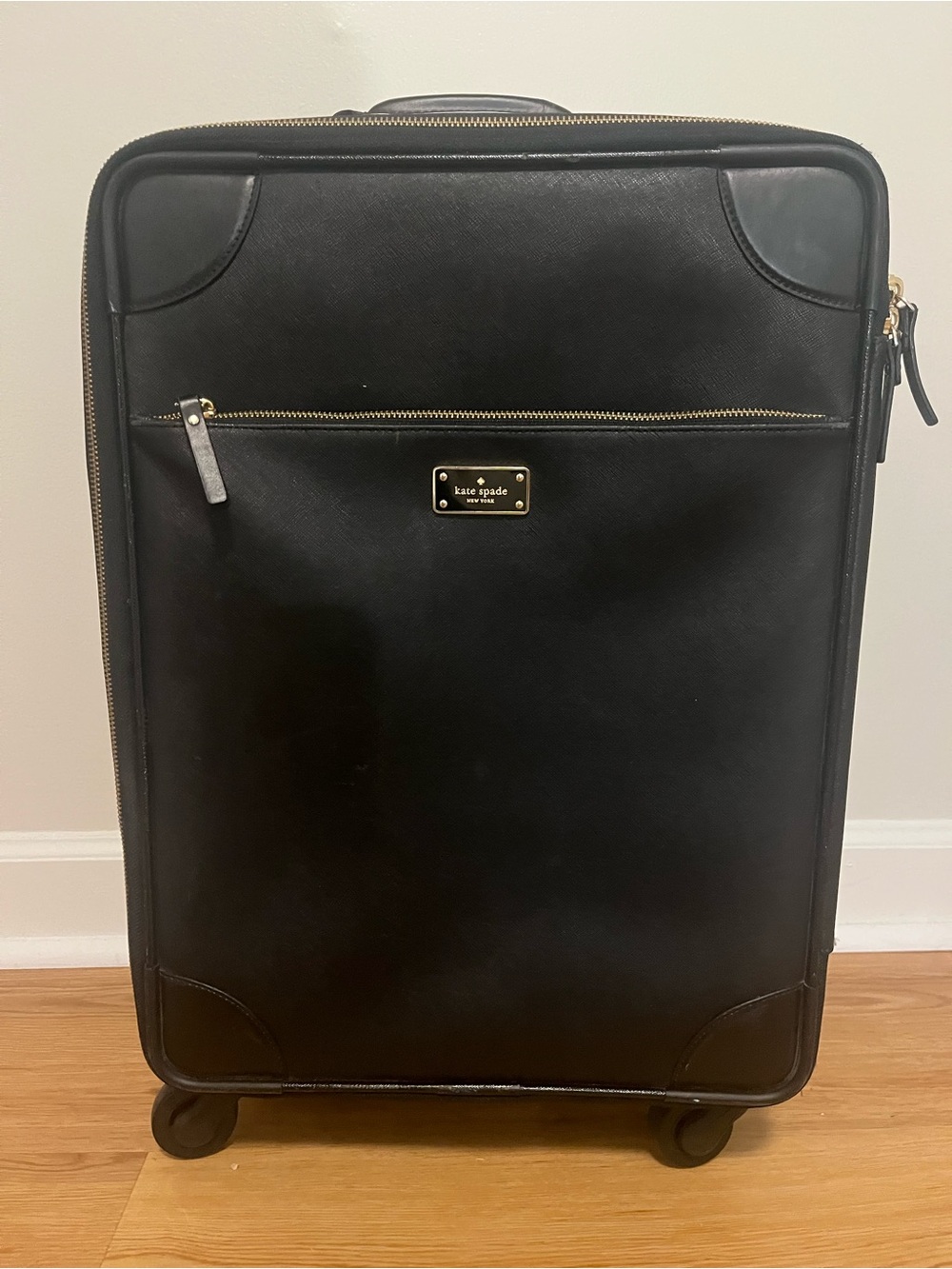 Kate Spade Black Leather Rolling Carry-On with Gold Hardware
